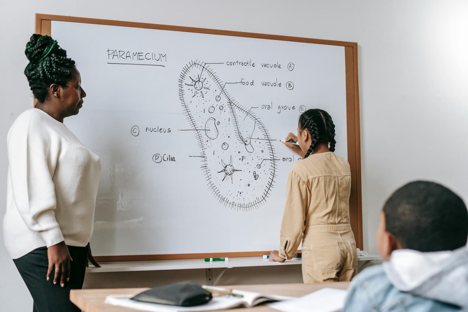 Student answering at the board with teacher nearby